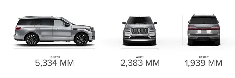 Side, front, and rear views of a silver SUV with dimensions: 5,334mm length, 2,383mm width, 1,939mm height.