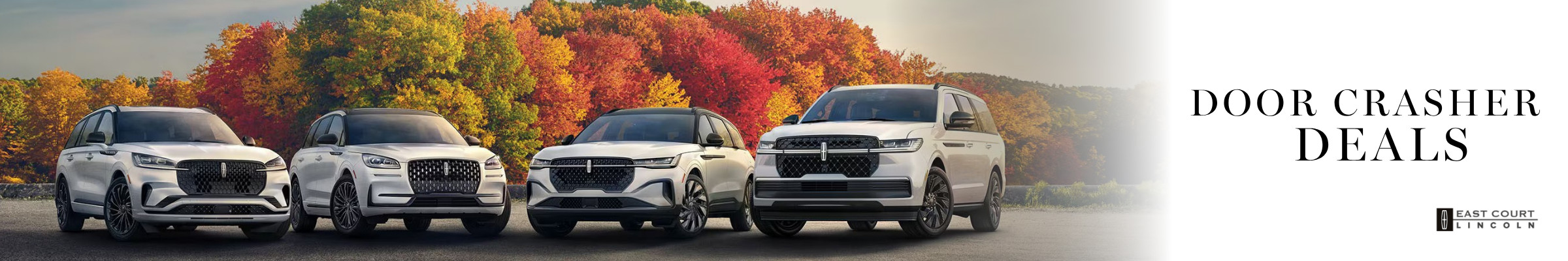 Lineup of white Lincoln SUVs parked on a beach with Door Crasher Deals text and East Court Lincoln logo