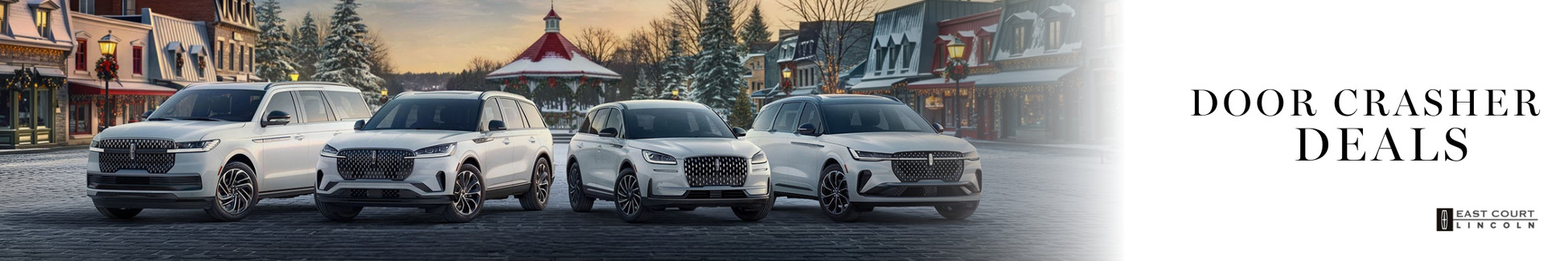 Lineup of white Lincoln SUVs parked on a beach with Door Crasher Deals text and East Court Lincoln logo