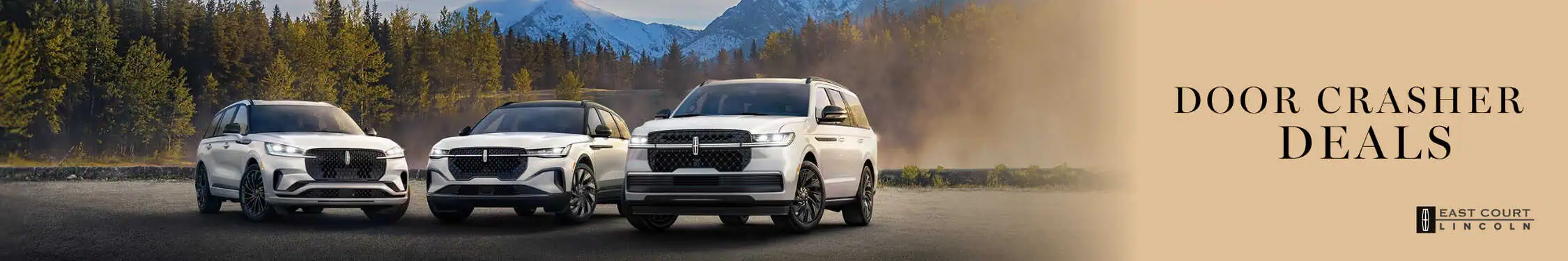 Lineup of white Lincoln SUVs parked on a beach with Door Crasher Deals text and East Court Lincoln logo