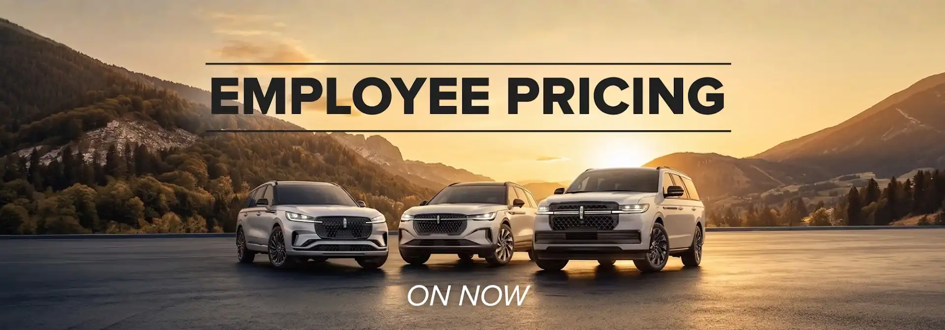 "Employee pricing promotion with three SUVs in a scenic mountain backdrop at sunset."